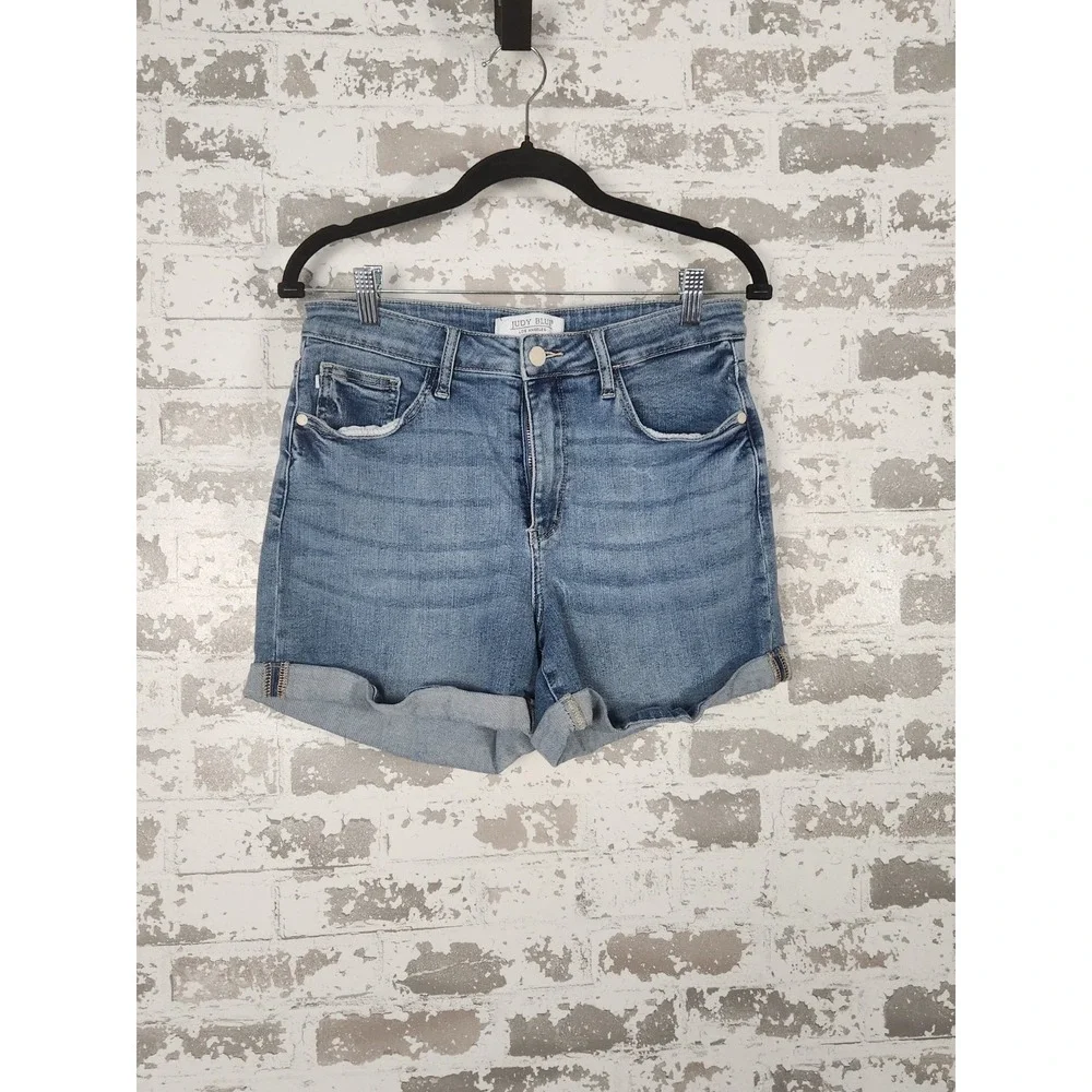 Judy Blue Jeans Shorts Size Large Blue Stretch Denim‎ Cuff Hem JB150096